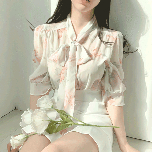 나탈린 플라워 꽃무늬 시스루 쉬폰 프릴 리본 블라우스/3color