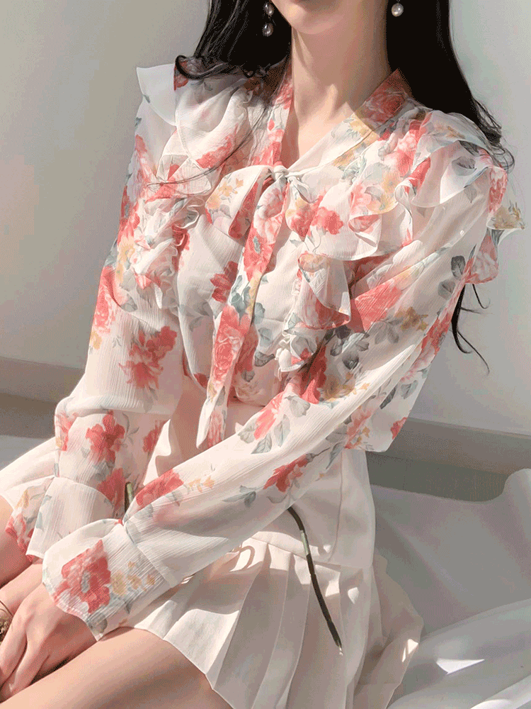 테일 플라워 꽃무늬 봄 시스루 쉬폰 프릴 리본 블라우스/3color