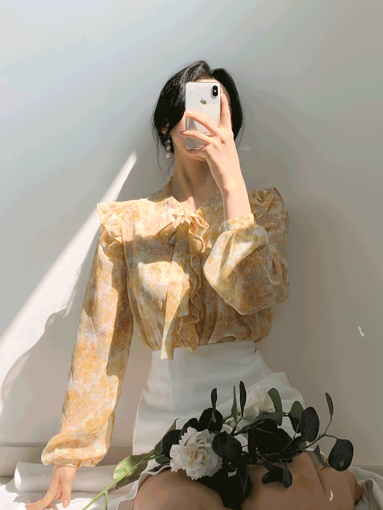 이시벤 플라워 꽃무늬 봄 시스루 쉬폰 프릴 리본 블라우스/3color