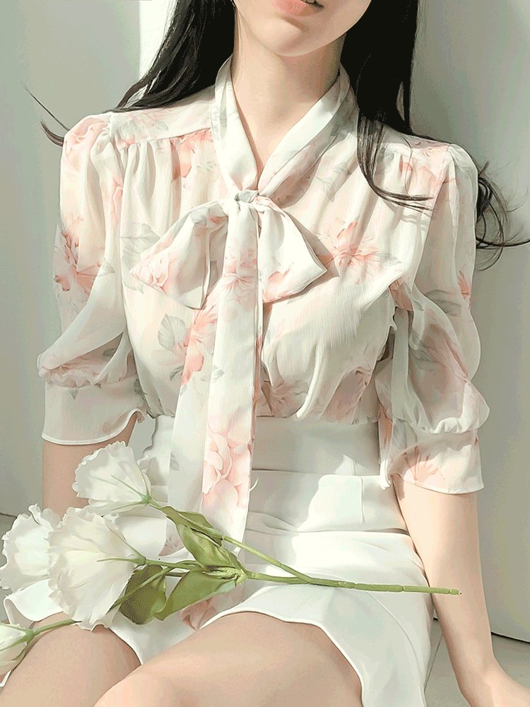나탈린 플라워 꽃무늬 시스루 쉬폰 프릴 리본 블라우스/3color